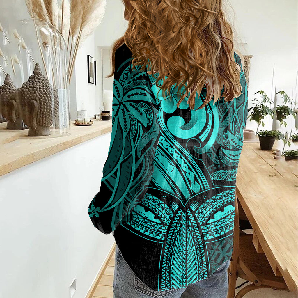Polynesia Women Casual Shirt Whale Tale and Polynesian Sunset Plumeria Turquoise LT9 - Polynesian Pride