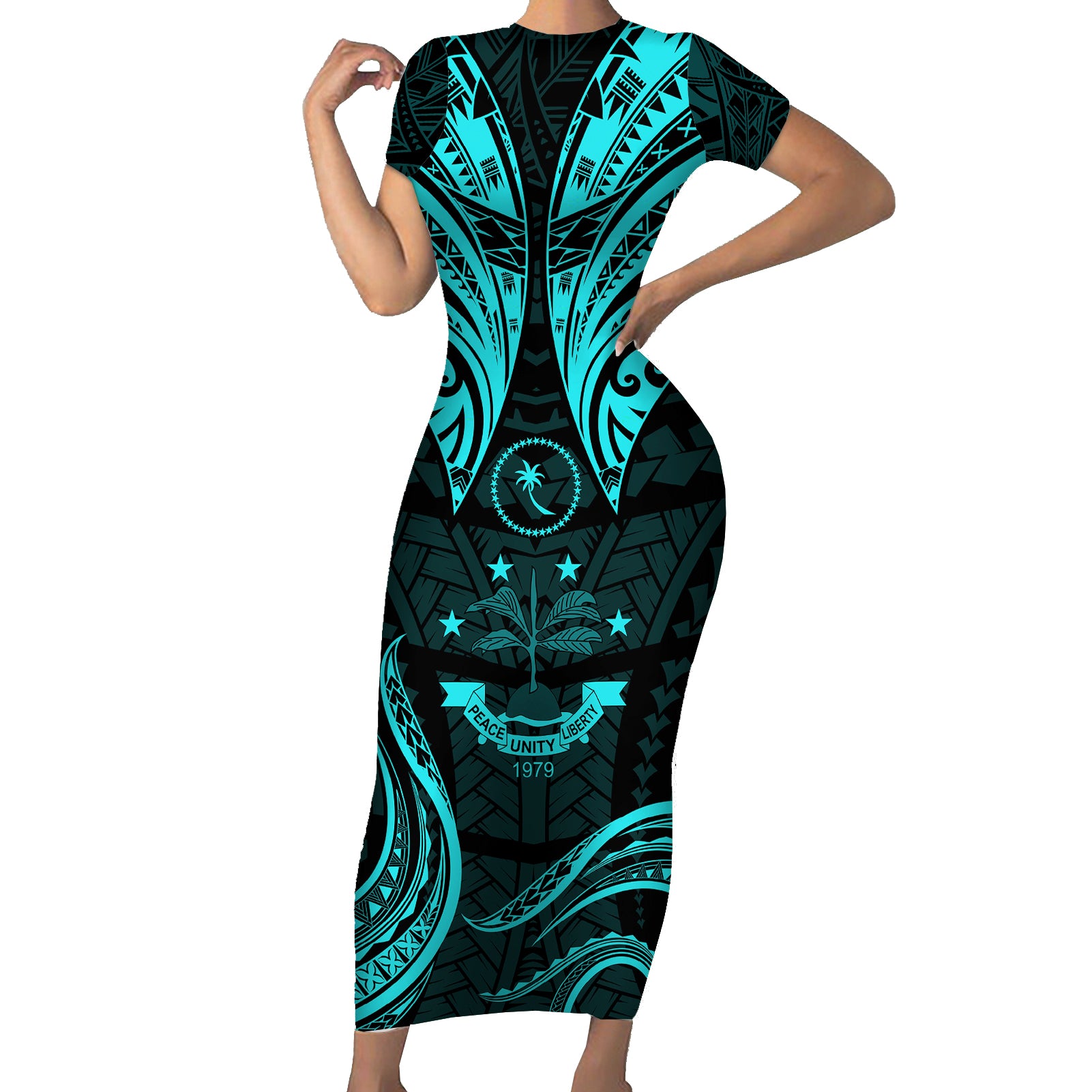 FSM Chuuk States Short Sleeve Bodycon Dress Micronesia Vintage Polynesian Tribal Aqua Version LT9 Long Dress Aqua - Polynesian Pride