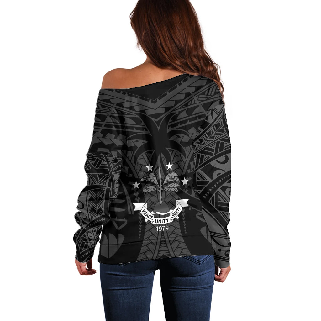 FSM Chuuk States Off Shoulder Sweater Micronesia Vintage Polynesian Tribal Black Version LT9 - Polynesian Pride