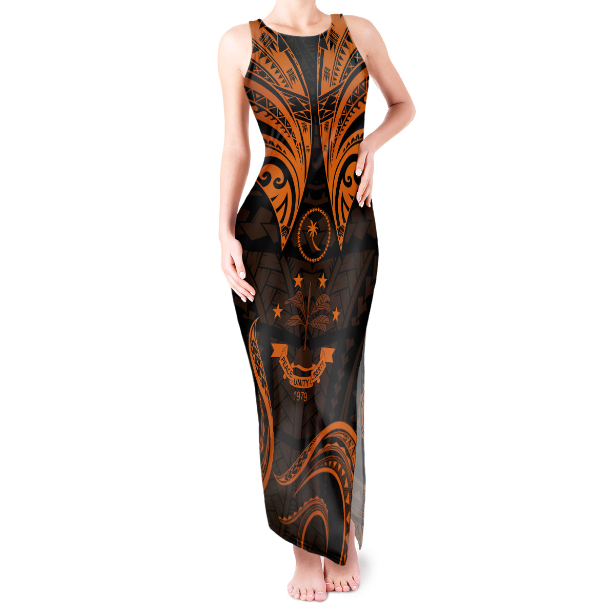 FSM Chuuk States Tank Maxi Dress Micronesia Vintage Polynesian Tribal Gold Version LT9 Women Gold - Polynesian Pride