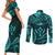 FSM Kosrae States Couples Matching Short Sleeve Bodycon Dress and Long Sleeve Button Shirts Micronesia Vintage Polynesian Tribal Aqua Version LT9 - Polynesian Pride