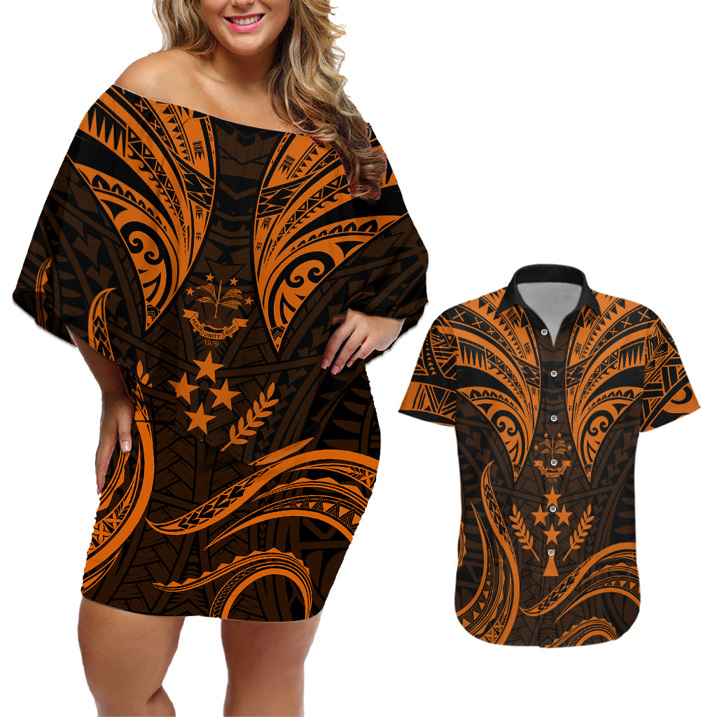 FSM Kosrae States Couples Matching Off Shoulder Short Dress and Hawaiian Shirt Micronesia Vintage Polynesian Tribal Gold Version LT9 Gold - Polynesian Pride