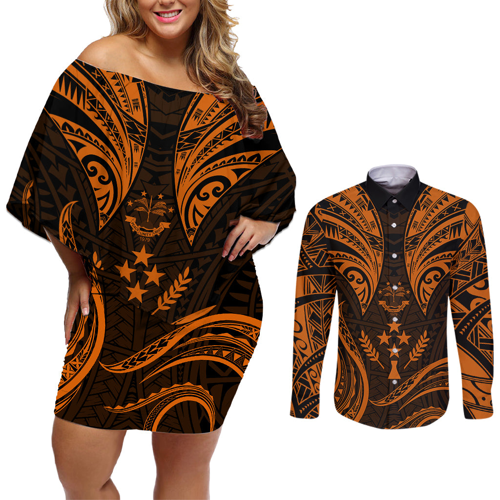 FSM Kosrae States Couples Matching Off Shoulder Short Dress and Long Sleeve Button Shirts Micronesia Vintage Polynesian Tribal Gold Version LT9 Gold - Polynesian Pride