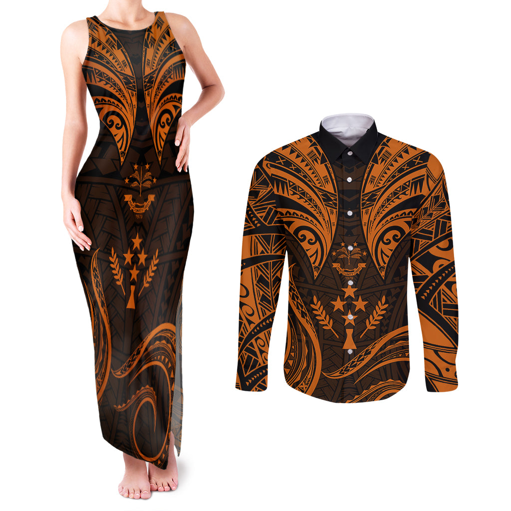 FSM Kosrae States Couples Matching Tank Maxi Dress and Long Sleeve Button Shirts Micronesia Vintage Polynesian Tribal Gold Version LT9 Gold - Polynesian Pride