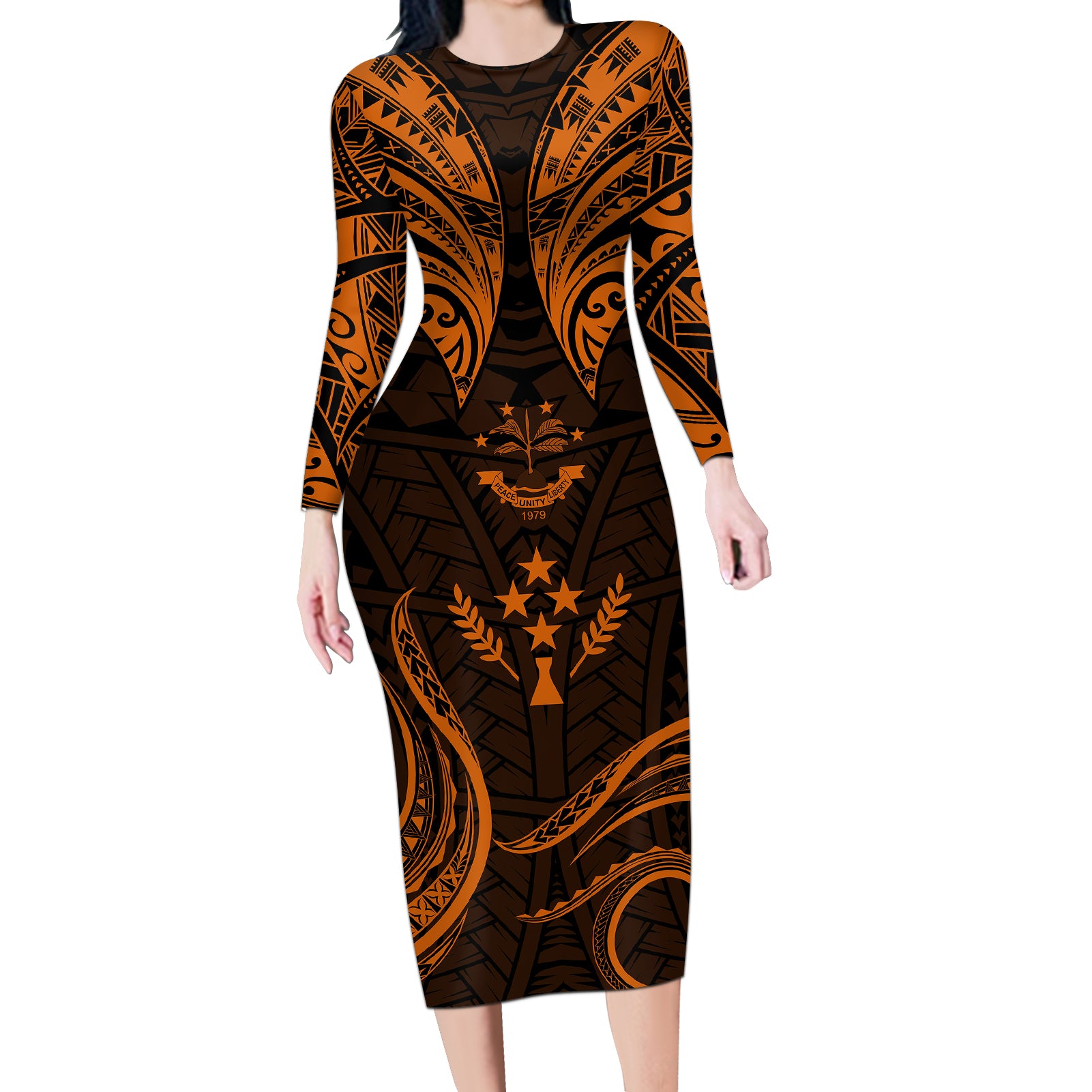 FSM Kosrae States Long Sleeve Bodycon Dress Micronesia Vintage Polynesian Tribal Gold Version LT9 Long Dress Gold - Polynesian Pride