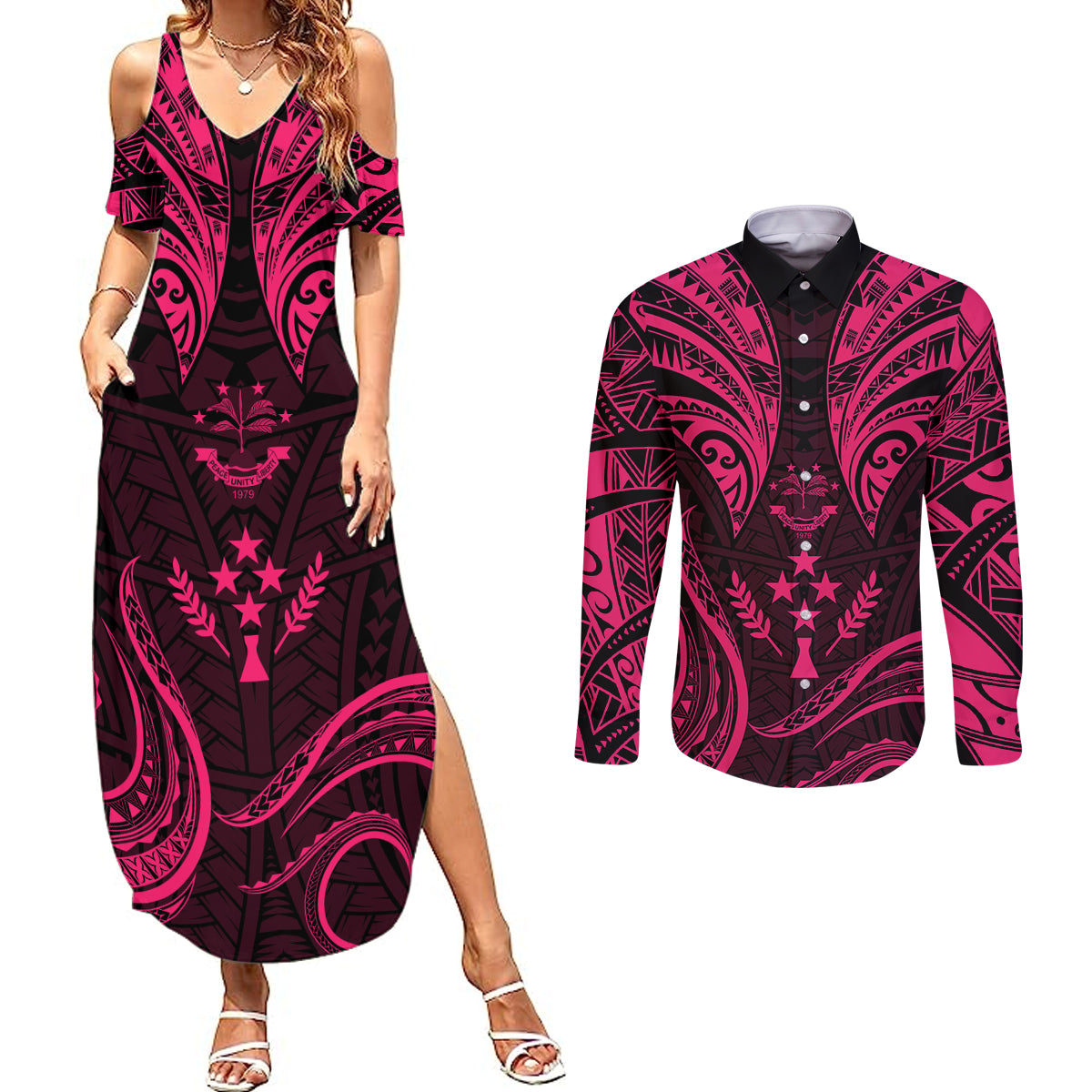 FSM Kosrae States Couples Matching Summer Maxi Dress and Long Sleeve Button Shirts Micronesia Vintage Polynesian Tribal Pink Version LT9 Pink - Polynesian Pride