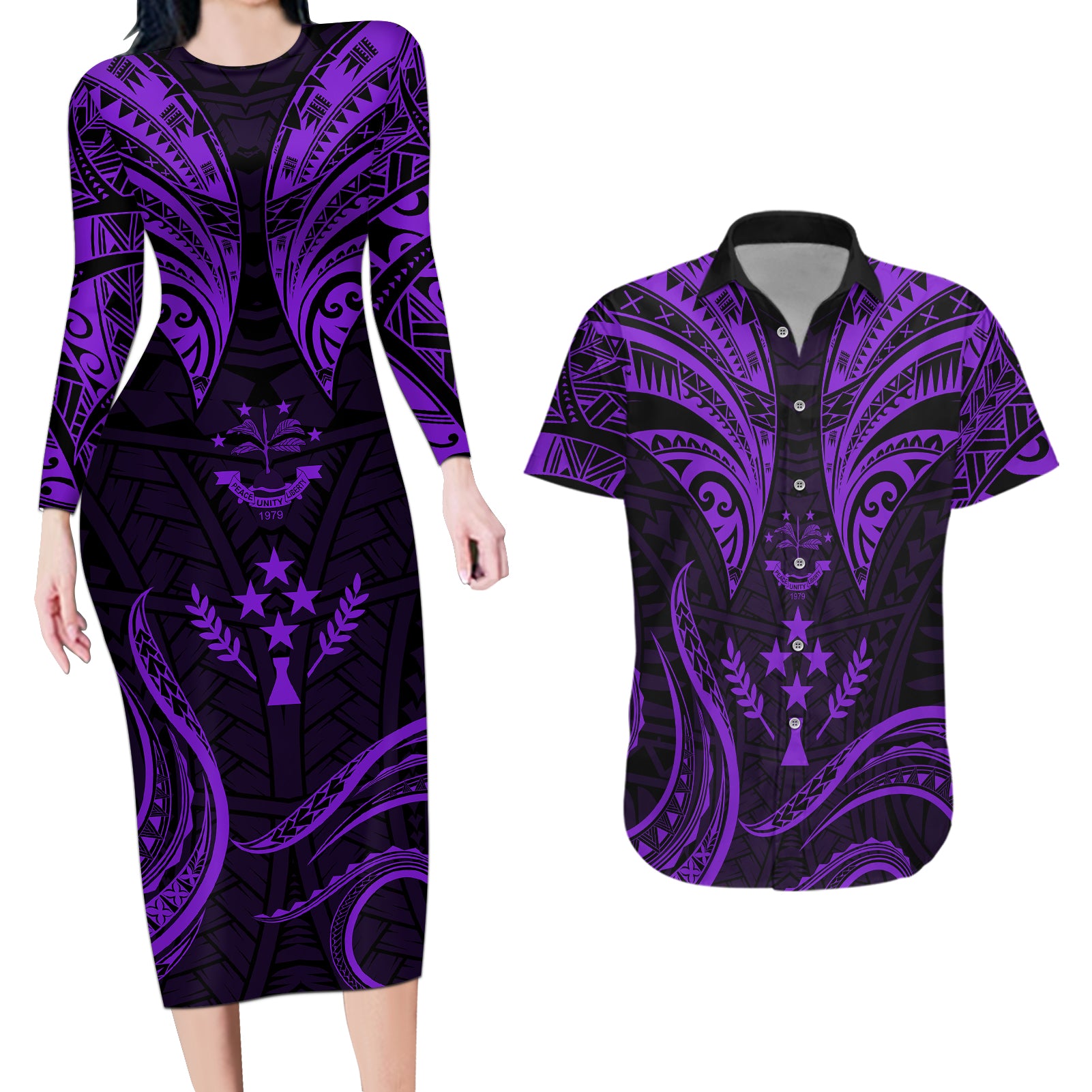 FSM Kosrae States Couples Matching Long Sleeve Bodycon Dress and Hawaiian Shirt Micronesia Vintage Polynesian Tribal Purple Version LT9 Purple - Polynesian Pride