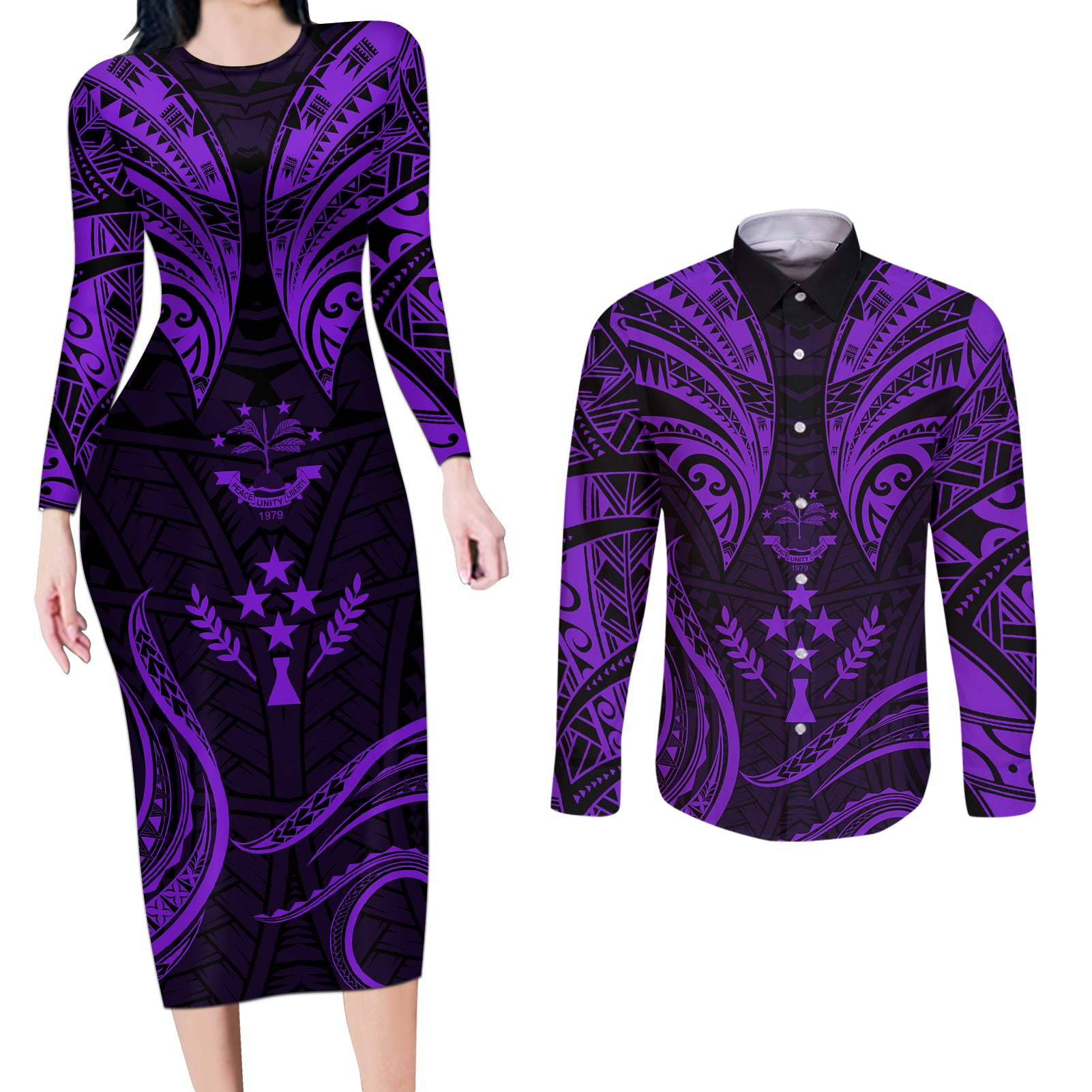 FSM Kosrae States Couples Matching Long Sleeve Bodycon Dress and Long Sleeve Button Shirts Micronesia Vintage Polynesian Tribal Purple Version LT9 Purple - Polynesian Pride