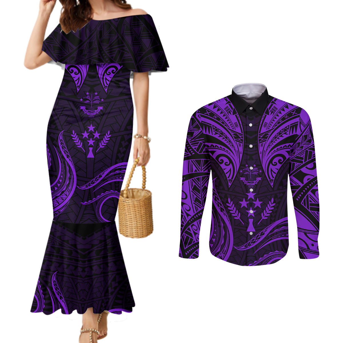 FSM Kosrae States Couples Matching Mermaid Dress and Long Sleeve Button Shirts Micronesia Vintage Polynesian Tribal Purple Version LT9 Purple - Polynesian Pride