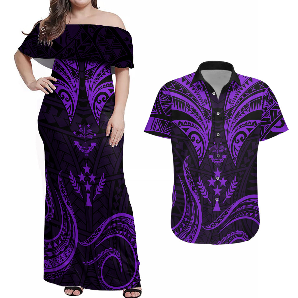 FSM Kosrae States Couples Matching Off Shoulder Maxi Dress and Hawaiian Shirt Micronesia Vintage Polynesian Tribal Purple Version LT9 Purple - Polynesian Pride