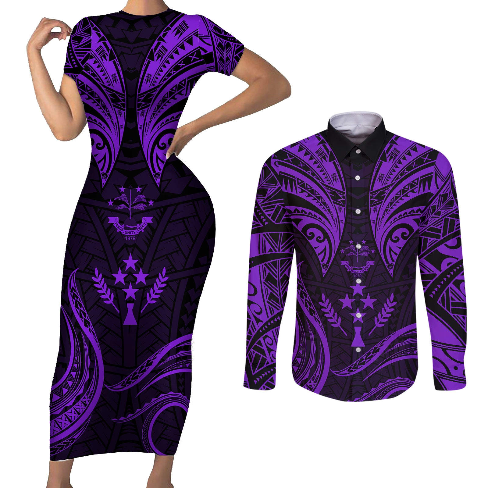 FSM Kosrae States Couples Matching Short Sleeve Bodycon Dress and Long Sleeve Button Shirts Micronesia Vintage Polynesian Tribal Purple Version LT9 Purple - Polynesian Pride