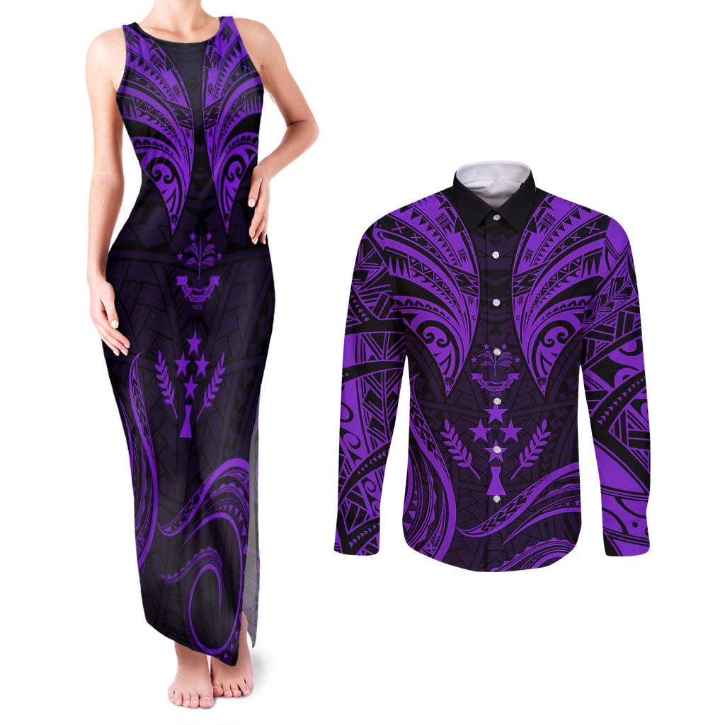 FSM Kosrae States Couples Matching Tank Maxi Dress and Long Sleeve Button Shirts Micronesia Vintage Polynesian Tribal Purple Version LT9 Purple - Polynesian Pride