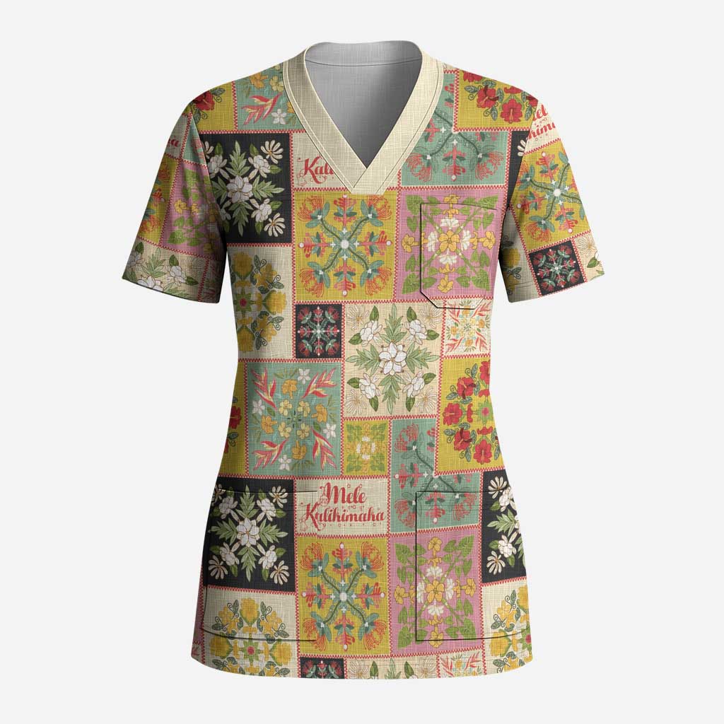 Mele Kalikimaka Hawaii Christmas Scrub Top Melemele Mama Seamless Floral Motif LT9 Adult Beige - Polynesian Pride