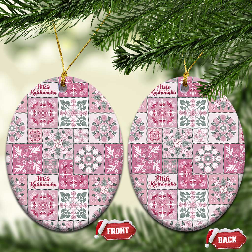 Mele Kalikimaka Hawaii Christmas Ceramic Ornament Akala Seamless Floral Motif LT9 Oval Pink - Polynesian Pride