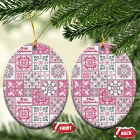 Mele Kalikimaka Hawaii Christmas Ceramic Ornament Akala Seamless Floral Motif LT9 Oval Pink - Polynesian Pride