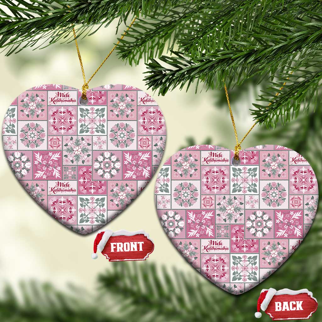 Mele Kalikimaka Hawaii Christmas Ceramic Ornament Akala Seamless Floral Motif LT9 Heart Pink - Polynesian Pride
