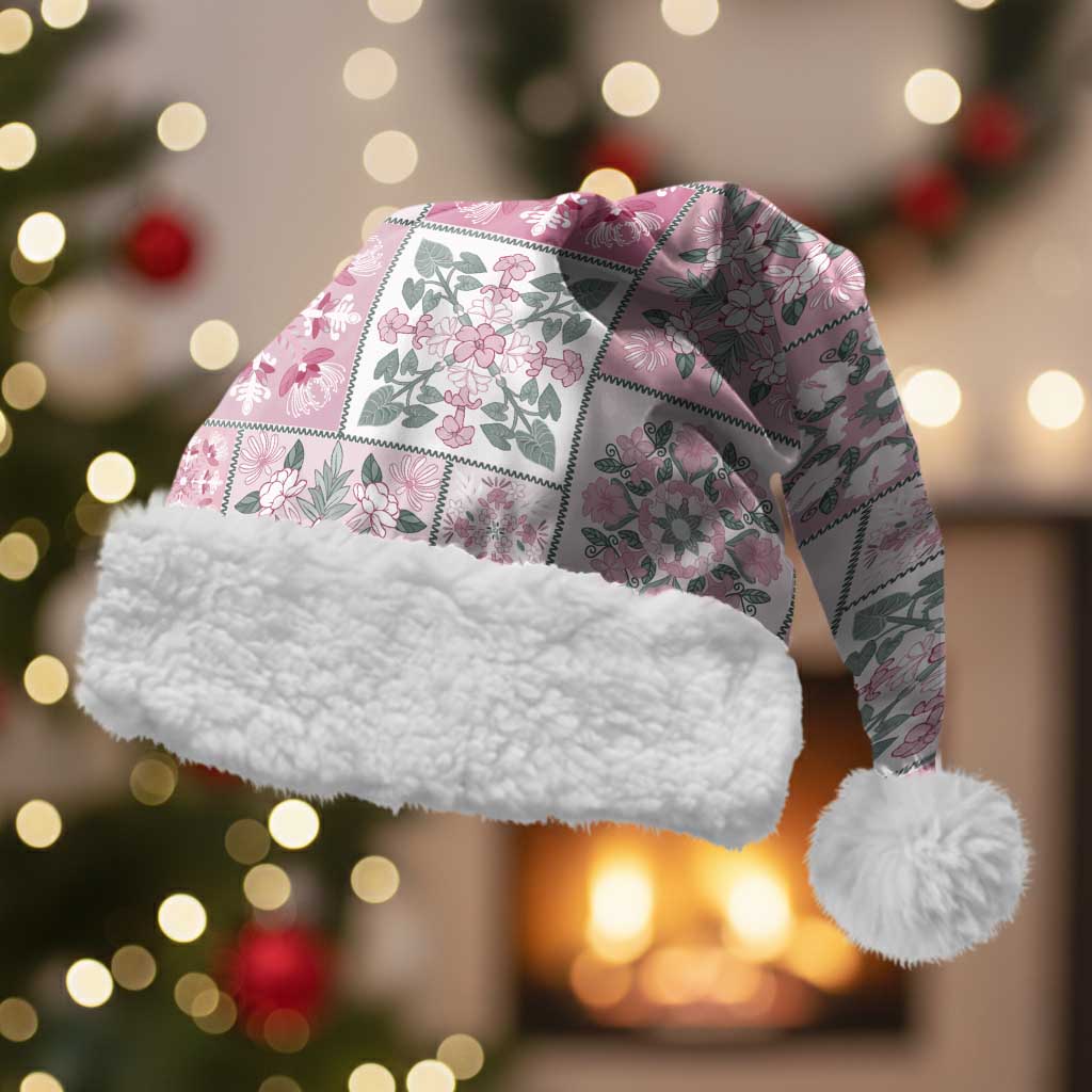 Mele Kalikimaka Hawaii Christmas Santa Hat Akala Seamless Floral Motif LT9 With Fur Pink - Polynesian Pride
