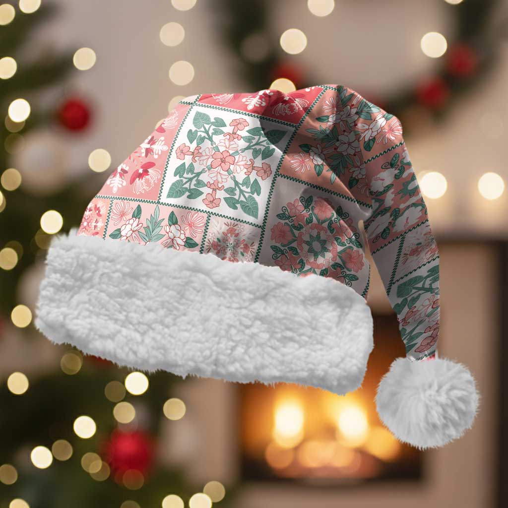 Mele Kalikimaka Hawaii Christmas Santa Hat Ulaula Seamless Floral Motif LT9 With Fur Red - Polynesian Pride