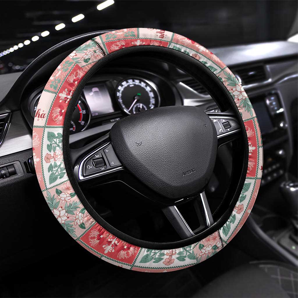 Mele Kalikimaka Hawaii Christmas Steering Wheel Cover Ulaula Seamless Floral Motif LT9 Universal Fit Red - Polynesian Pride