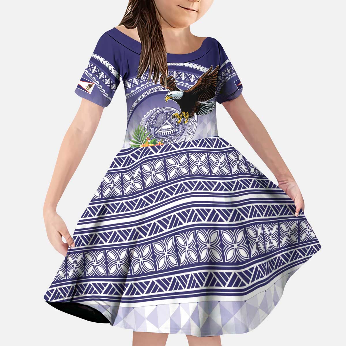 American Samoa Bald Eagle Kid Short Sleeve Dress Polynesian Tropical Flowers LT9 KID Blue - Polynesian Pride