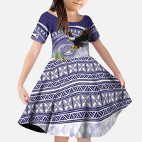 American Samoa Bald Eagle Kid Short Sleeve Dress Polynesian Tropical Flowers LT9 KID Blue - Polynesian Pride