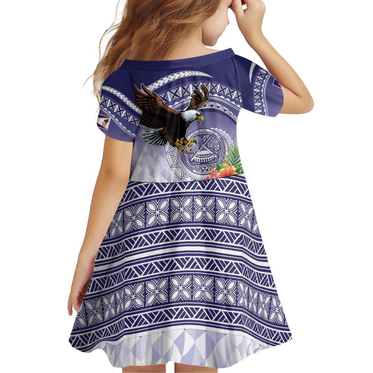 American Samoa Bald Eagle Kid Short Sleeve Dress Polynesian Tropical Flowers LT9 - Polynesian Pride