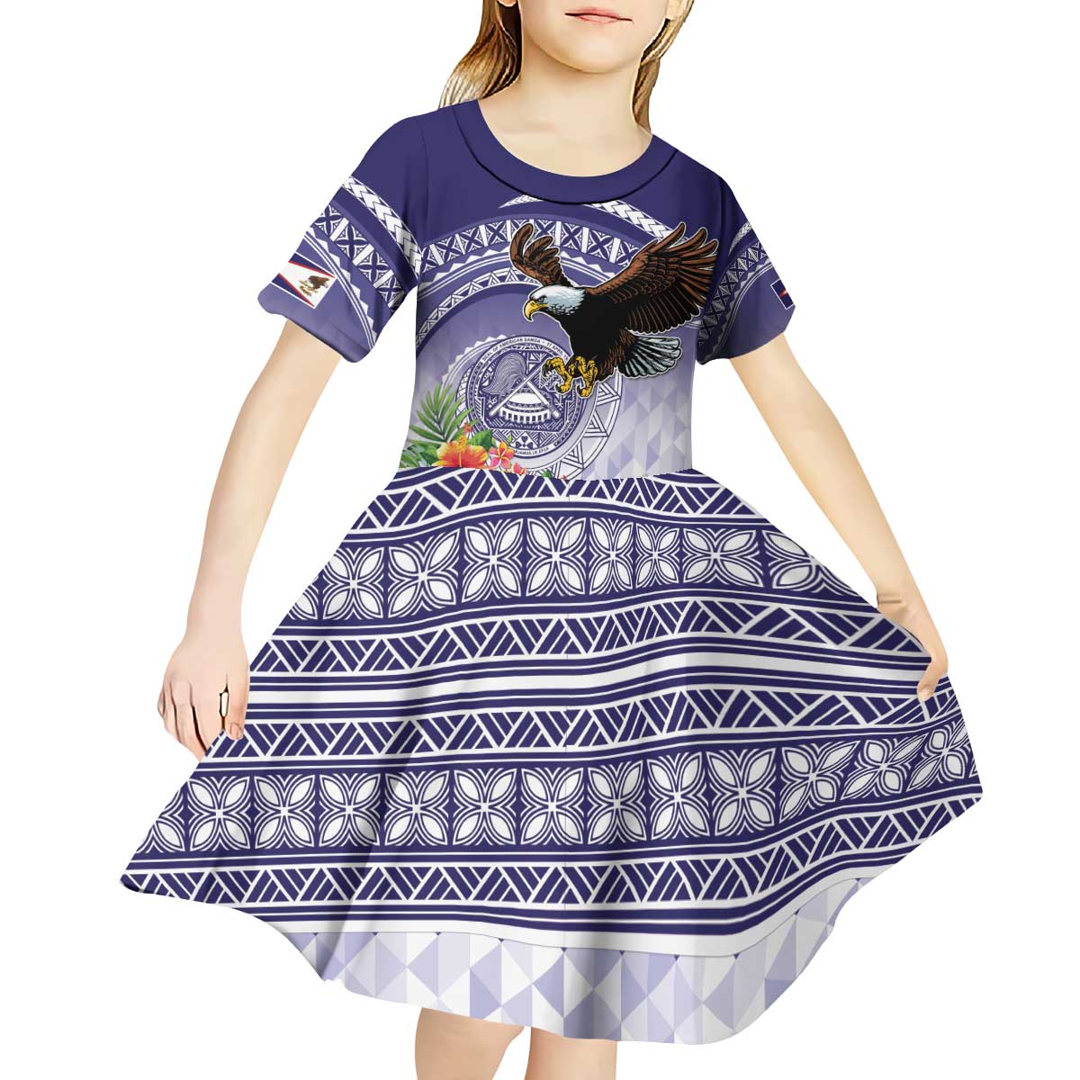 American Samoa Bald Eagle Kid Short Sleeve Dress Polynesian Tropical Flowers LT9 - Polynesian Pride