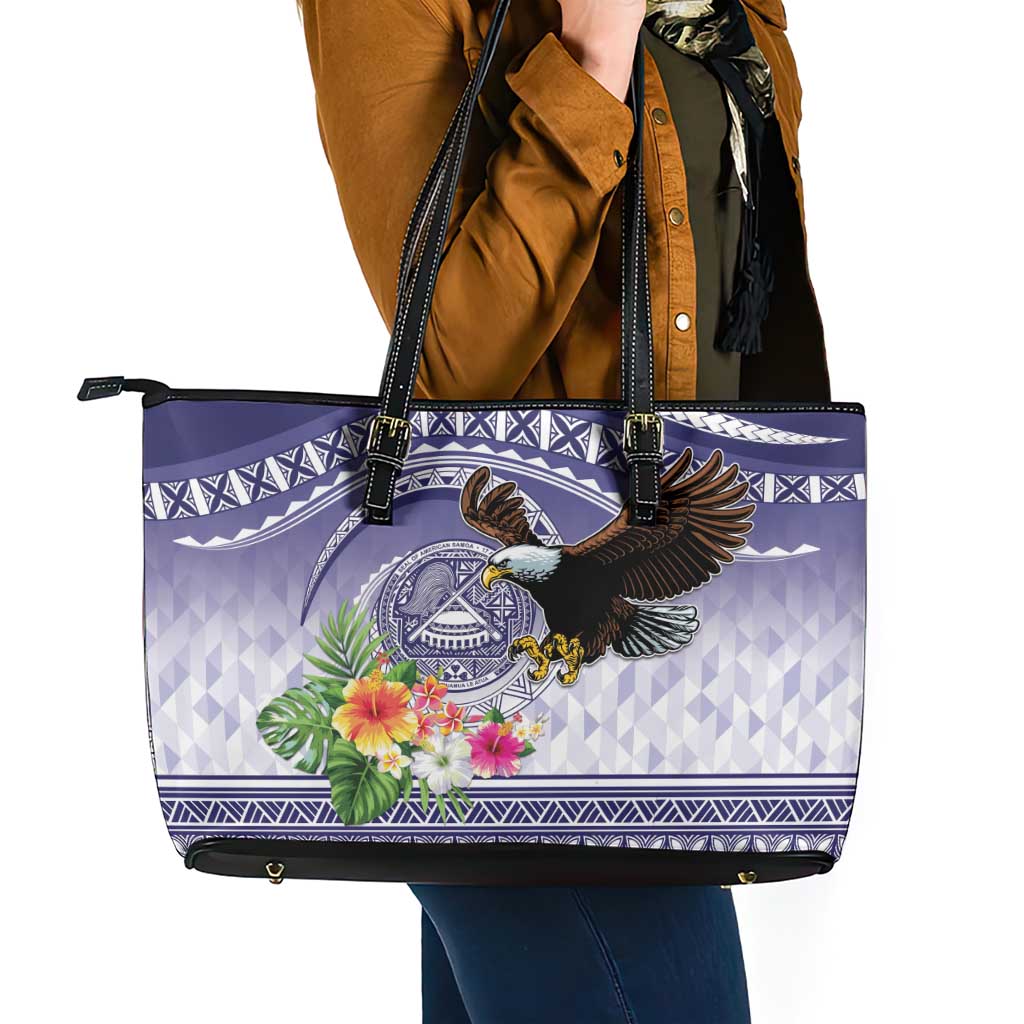 American Samoa Bald Eagle Leather Tote Bag Polynesian Tropical Flowers LT9 - Polynesian Pride