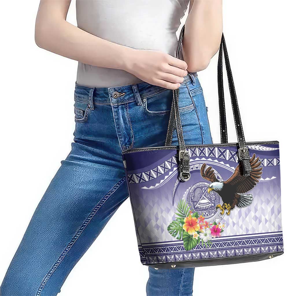 American Samoa Bald Eagle Leather Tote Bag Polynesian Tropical Flowers LT9 - Polynesian Pride