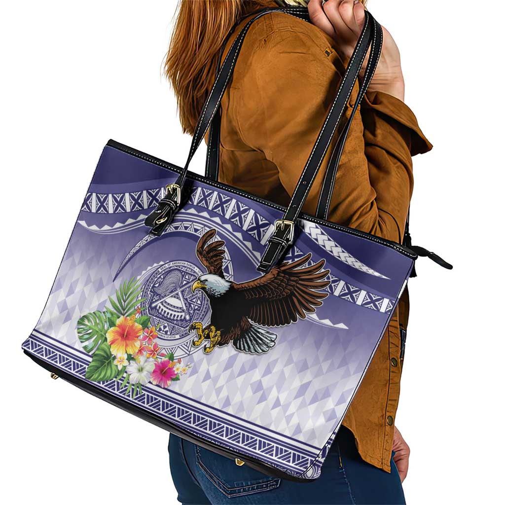 American Samoa Bald Eagle Leather Tote Bag Polynesian Tropical Flowers LT9 - Polynesian Pride