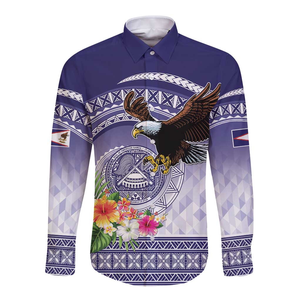 American Samoa Bald Eagle Long Sleeve Button Shirt Polynesian Tropical Flowers