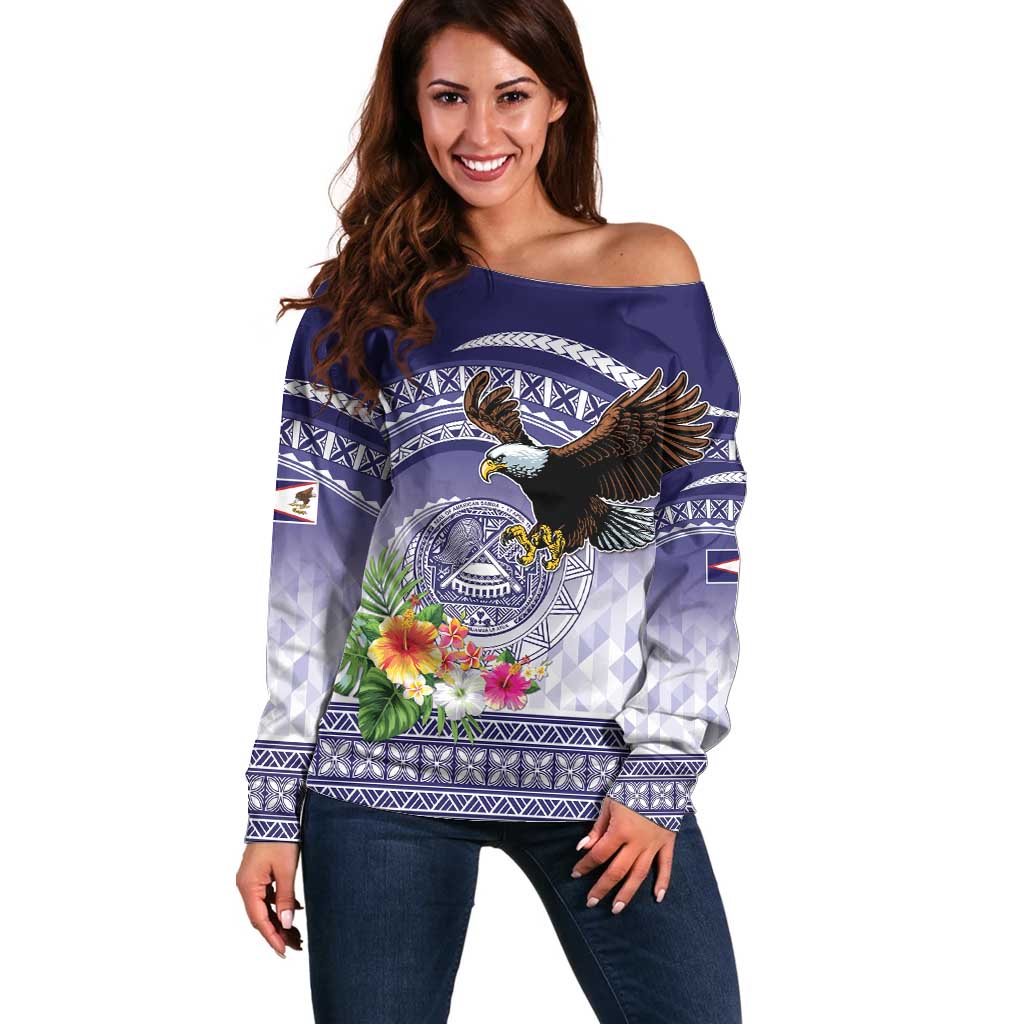American Samoa Bald Eagle Off Shoulder Sweater Polynesian Tropical Flowers LT9 Women Blue - Polynesian Pride