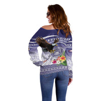 American Samoa Bald Eagle Off Shoulder Sweater Polynesian Tropical Flowers LT9 - Polynesian Pride
