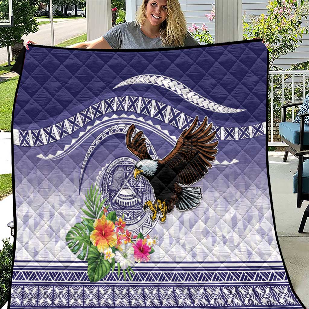American Samoa Bald Eagle Quilt Polynesian Tropical Flowers LT9 Blue - Polynesian Pride