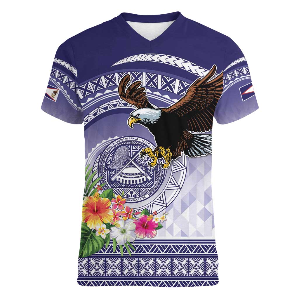 American Samoa Bald Eagle Women V-Neck T-Shirt Polynesian Tropical Flowers