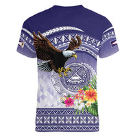 American Samoa Bald Eagle Women V-Neck T-Shirt Polynesian Tropical Flowers LT9 - Polynesian Pride