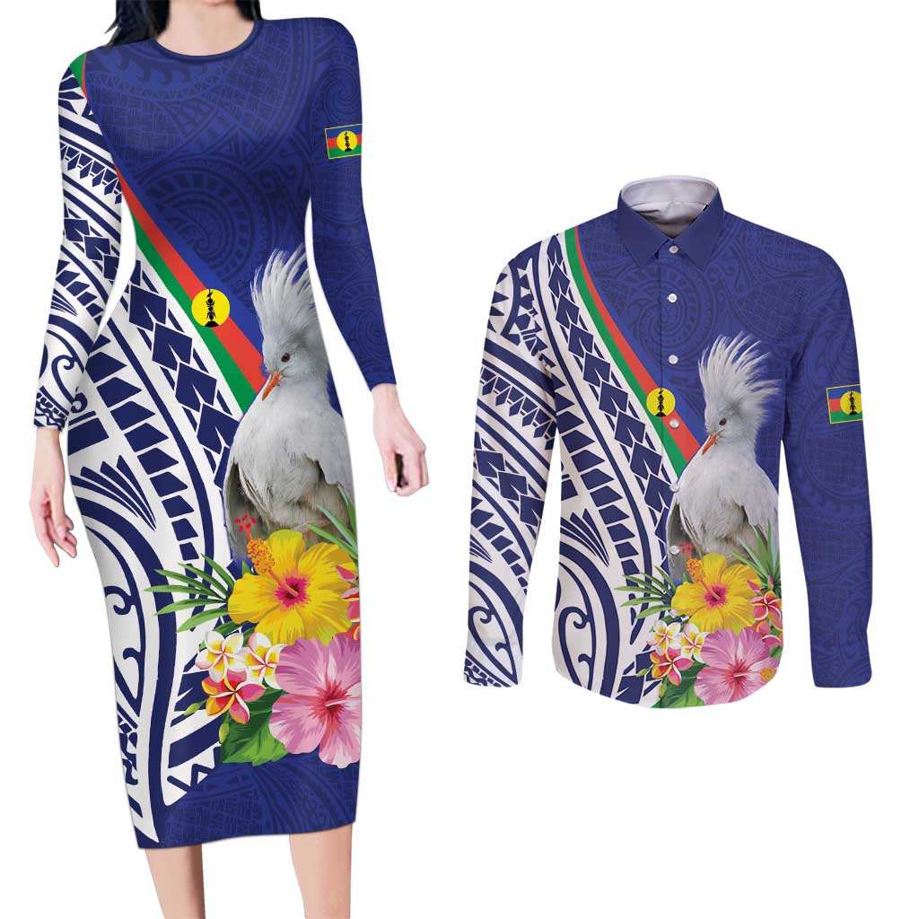 New Caledonia Kagu Bird Couples Matching Long Sleeve Bodycon Dress and Long Sleeve Button Shirt Polynesian Tropical Flowers