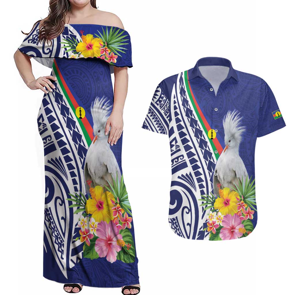 New Caledonia Kagu Bird Couples Matching Off Shoulder Maxi Dress and Hawaiian Shirt Polynesian Tropical Flowers