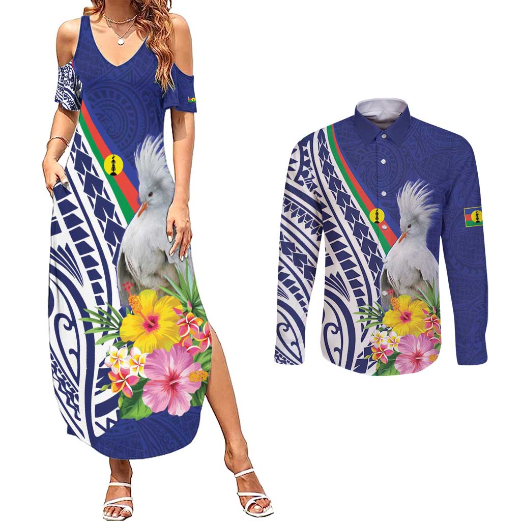 New Caledonia Kagu Bird Couples Matching Summer Maxi Dress and Long Sleeve Button Shirt Polynesian Tropical Flowers