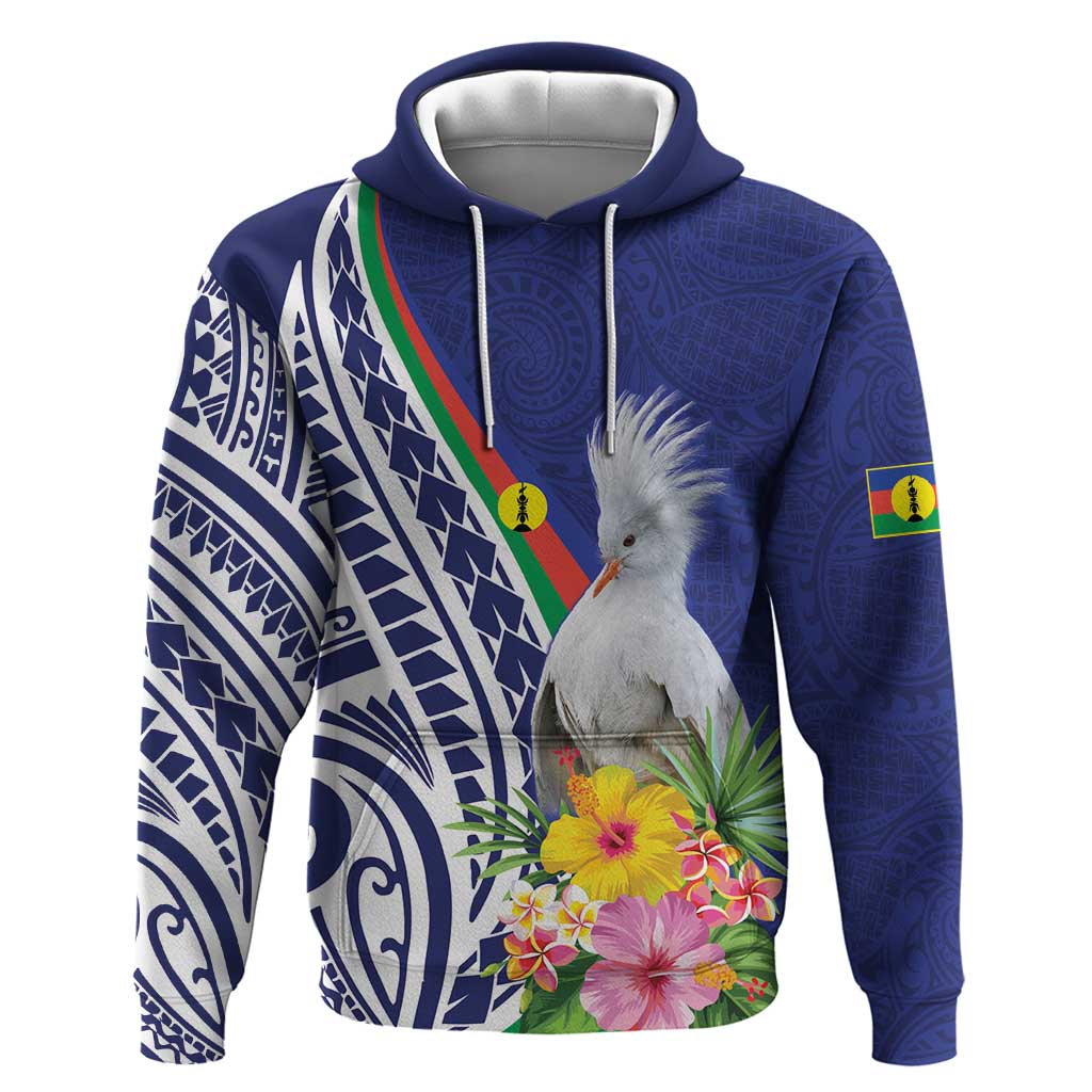 New Caledonia Kagu Bird Hoodie Polynesian Tropical Flowers LT9 Pullover Hoodie Blue - Polynesian Pride