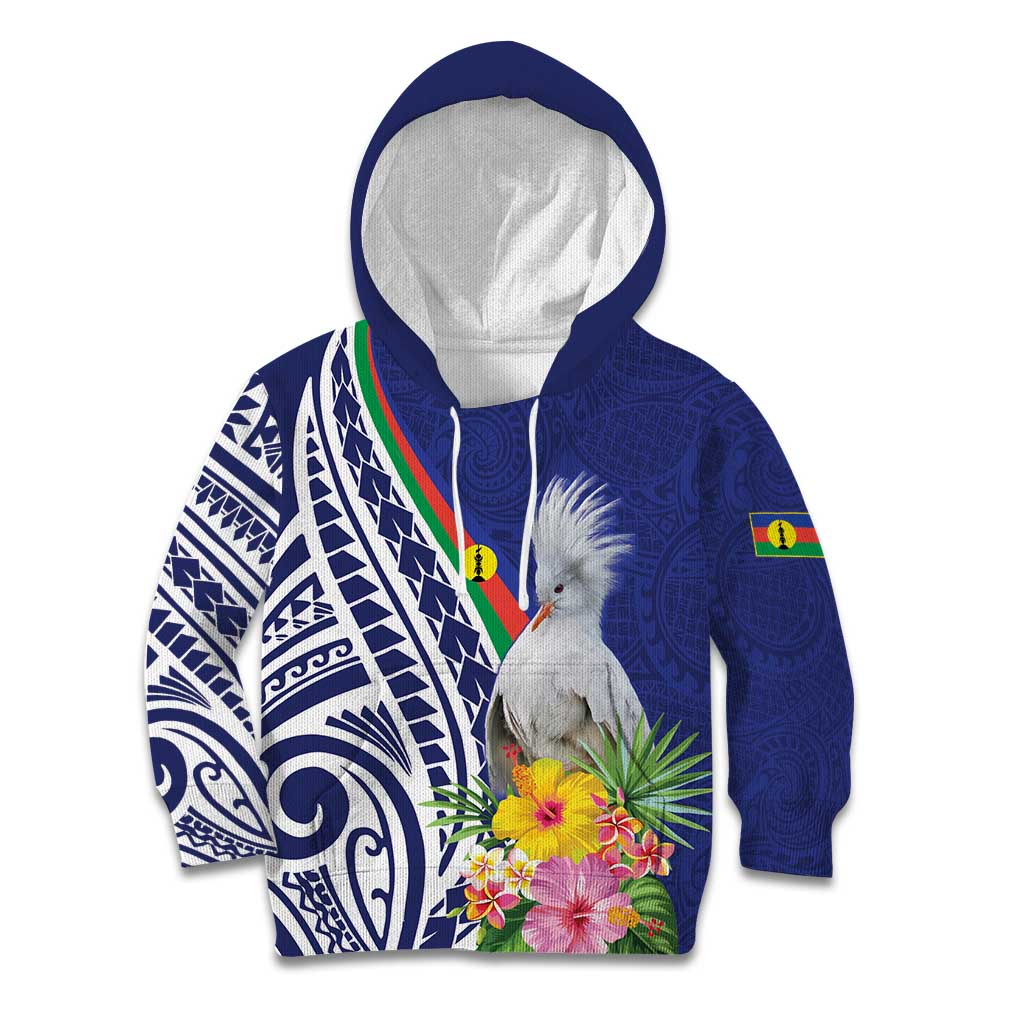 New Caledonia Kagu Bird Kid Hoodie Polynesian Tropical Flowers LT9 Hoodie Blue - Polynesian Pride