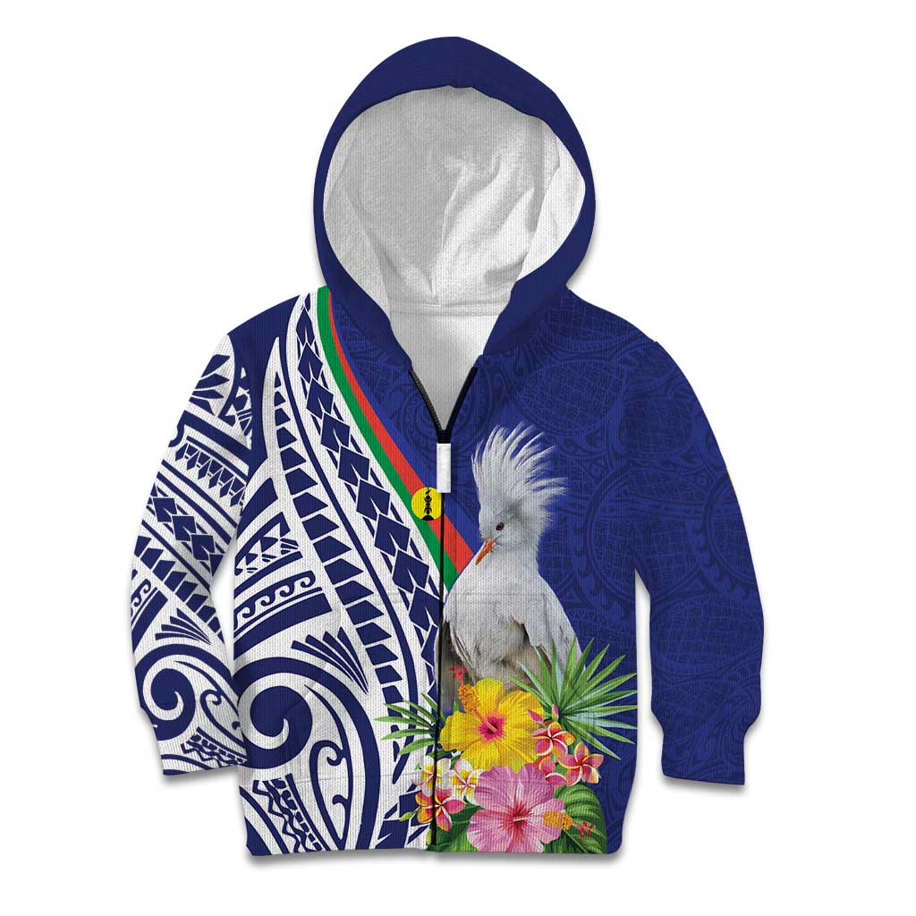 New Caledonia Kagu Bird Kid Hoodie Polynesian Tropical Flowers LT9 Zip Hoodie Blue - Polynesian Pride