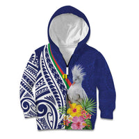 New Caledonia Kagu Bird Kid Hoodie Polynesian Tropical Flowers LT9 Zip Hoodie Blue - Polynesian Pride