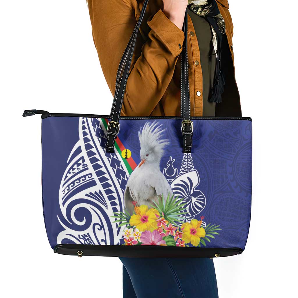 New Caledonia Kagu Bird Leather Tote Bag Polynesian Tropical Flowers LT9 - Polynesian Pride