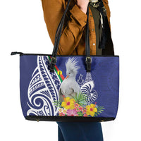 New Caledonia Kagu Bird Leather Tote Bag Polynesian Tropical Flowers LT9 - Polynesian Pride