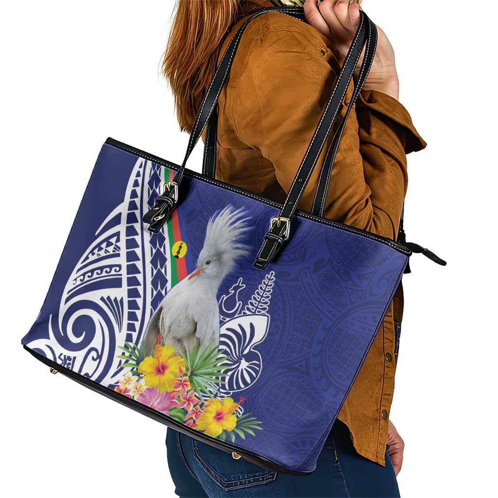 New Caledonia Kagu Bird Leather Tote Bag Polynesian Tropical Flowers LT9 - Polynesian Pride