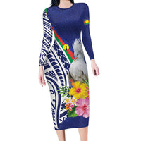 New Caledonia Kagu Bird Long Sleeve Bodycon Dress Polynesian Tropical Flowers LT9 Long Dress Blue - Polynesian Pride