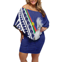 New Caledonia Kagu Bird Off Shoulder Short Dress Polynesian Tropical Flowers LT9 Women Blue - Polynesian Pride