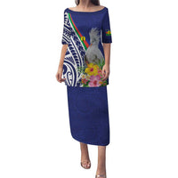 New Caledonia Kagu Bird Puletasi Polynesian Tropical Flowers LT9 Long Dress Blue - Polynesian Pride