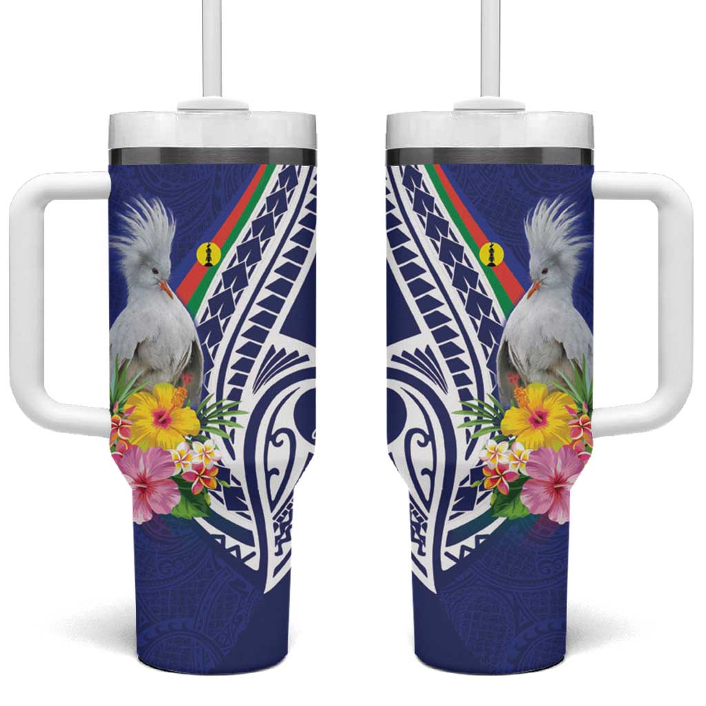 New Caledonia Kagu Bird Tumbler With Handle Polynesian Tropical Flowers LT9 One Size: 40 oz Blue - Polynesian Pride